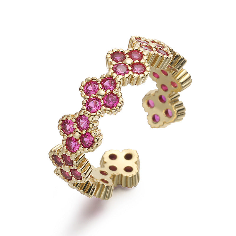 Wholesale Copper Inlaid with Colored Diamonds Four-Leaf Clover Ring