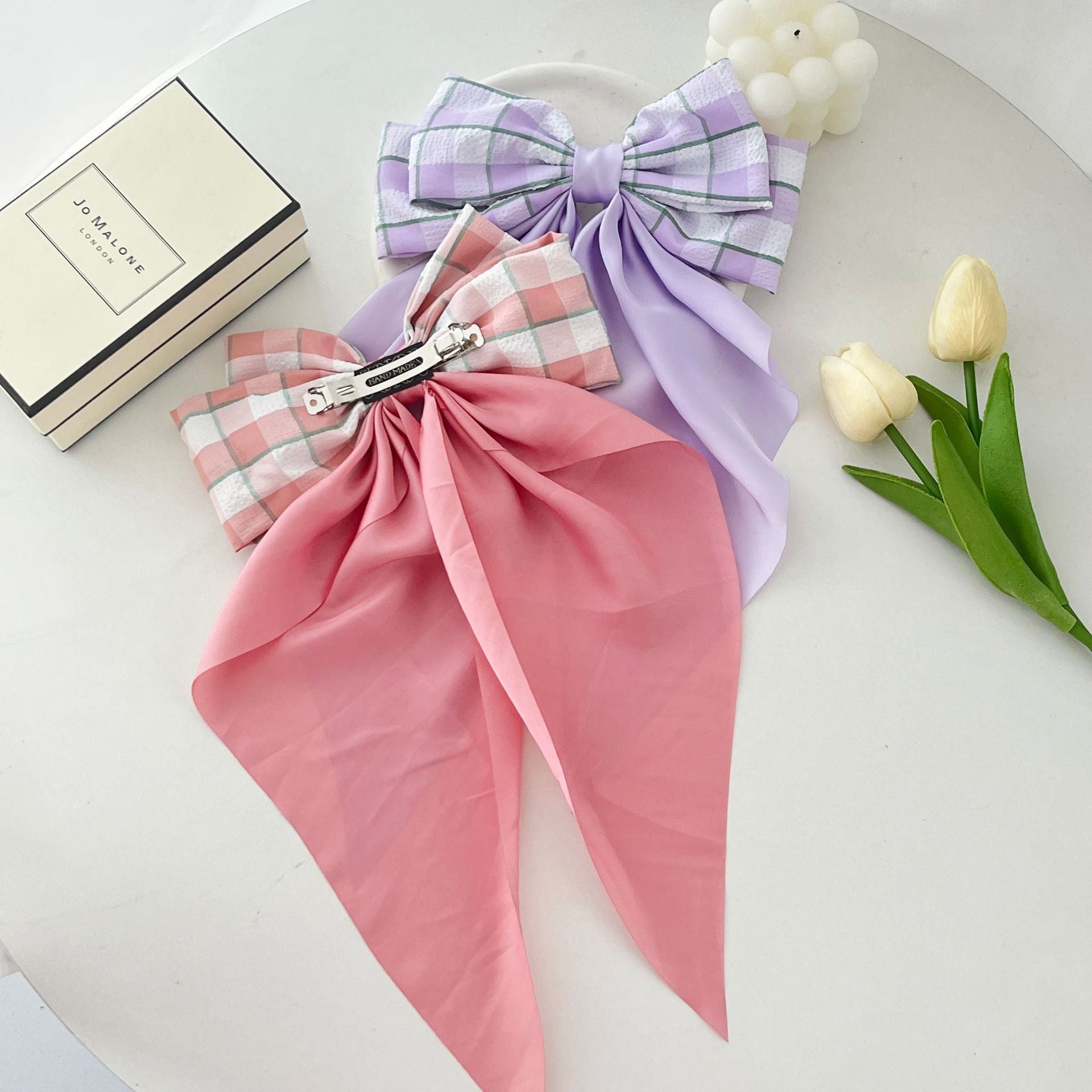 Wholesale 10PCS/PACK Fabric Plaid Long Satin Ribbon Bow Hairpin