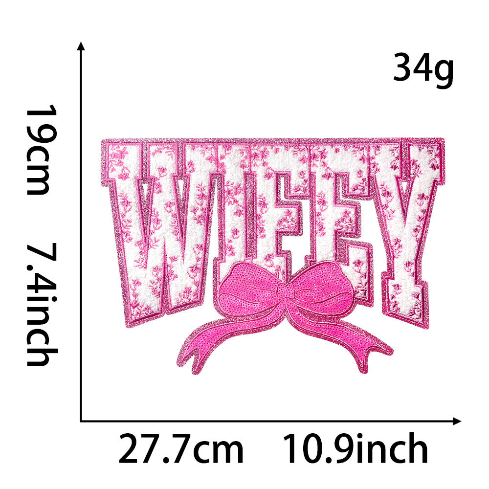 Wholesale Large Sequin Embroidered Patch Blue Wifey Motif DIY Embroidery Accessory For Coat And Bag Decoration
