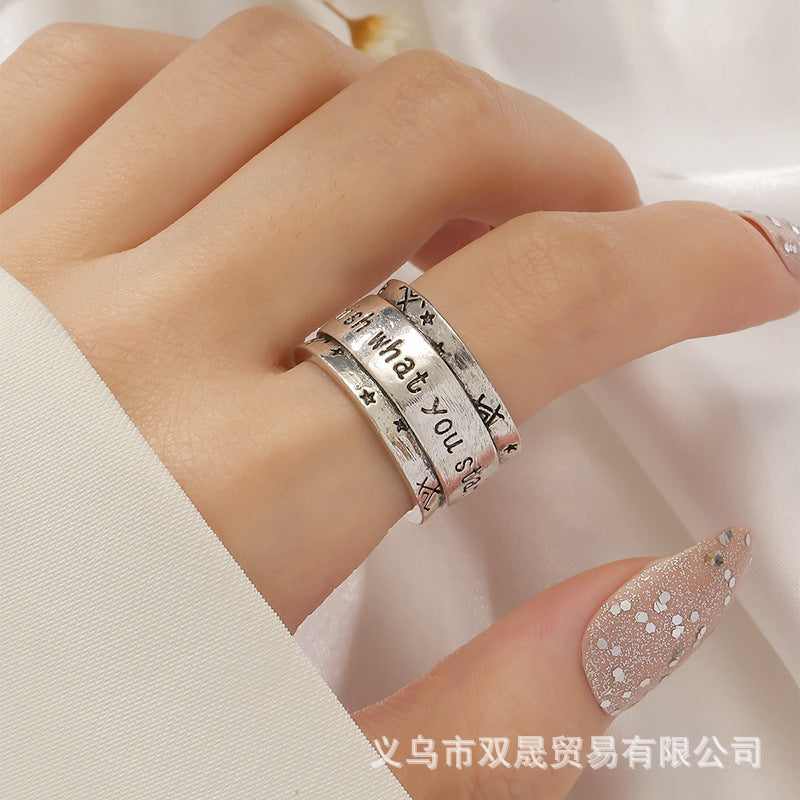 Wholesale Simple Antique Silver Wide-rimmed Letters Vintage Open Ring