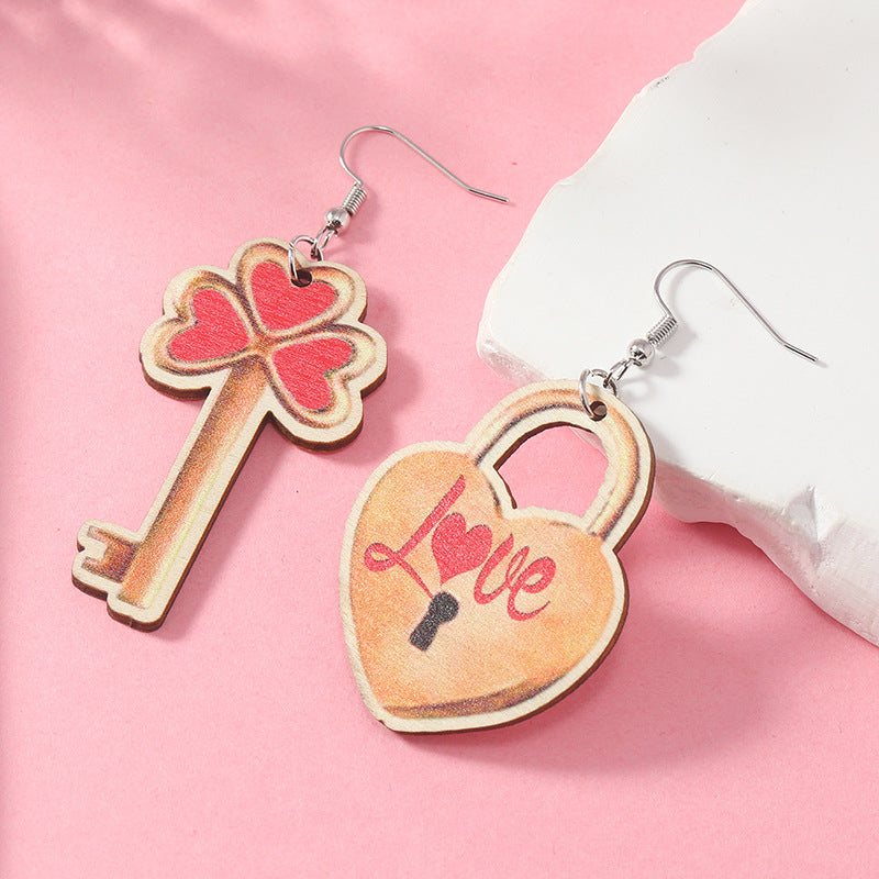 Wholesale Valentine's Day Rose Asymmetric Wooden Earrings