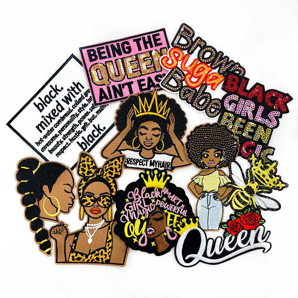 Wholesale Embroidered Iron On Patch Afro Black Girl Leopard Print Letter Design Decorative DIY Craft Supply For Shoes Hats Bags