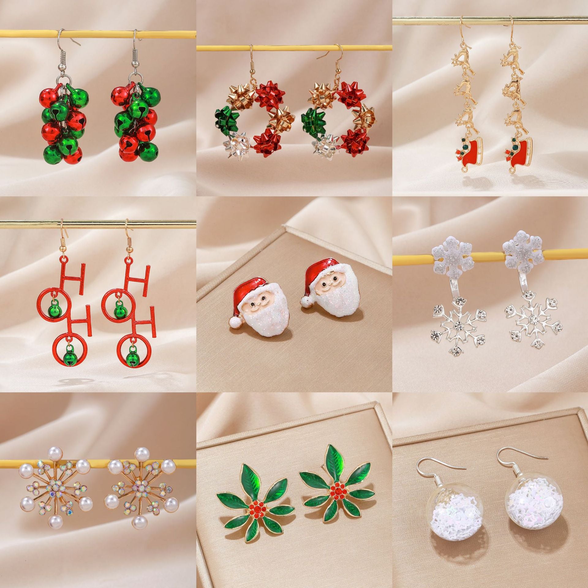 Wholesale Christmas red and green color scheme snowflake earrings