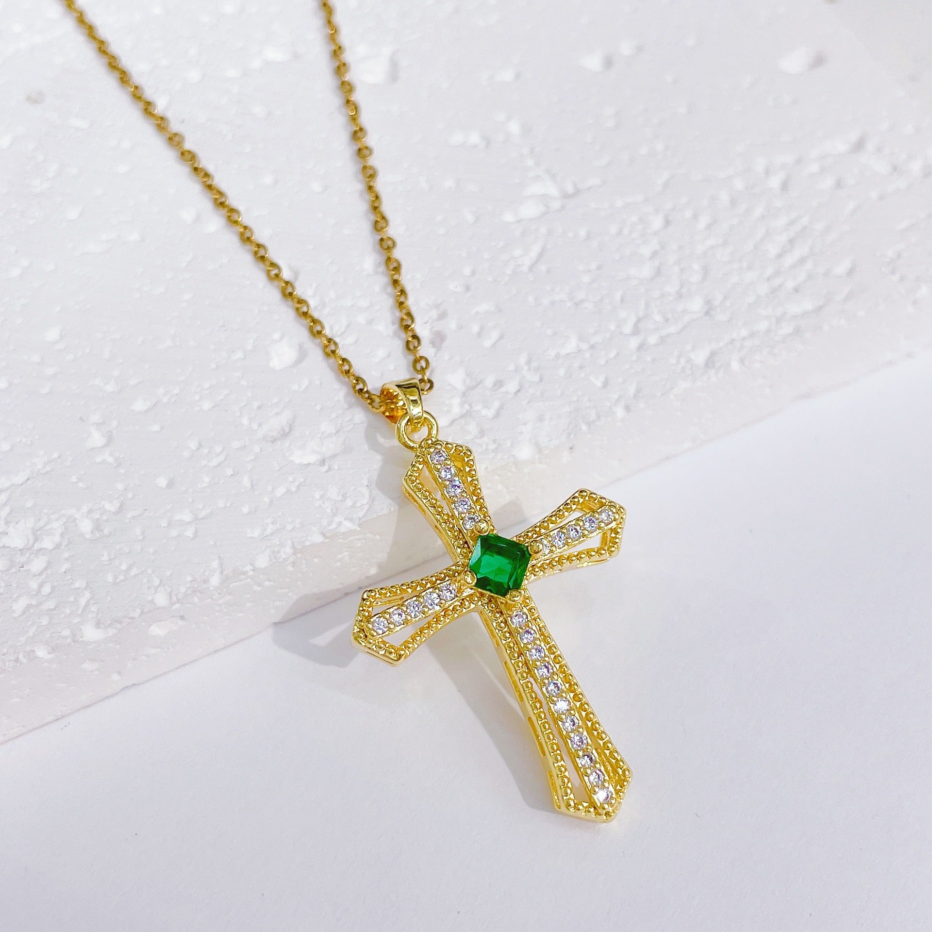 Wholesale Brass Gold Plated Cross Pendant Zircon Cast Titanium Steel Chain Necklaces