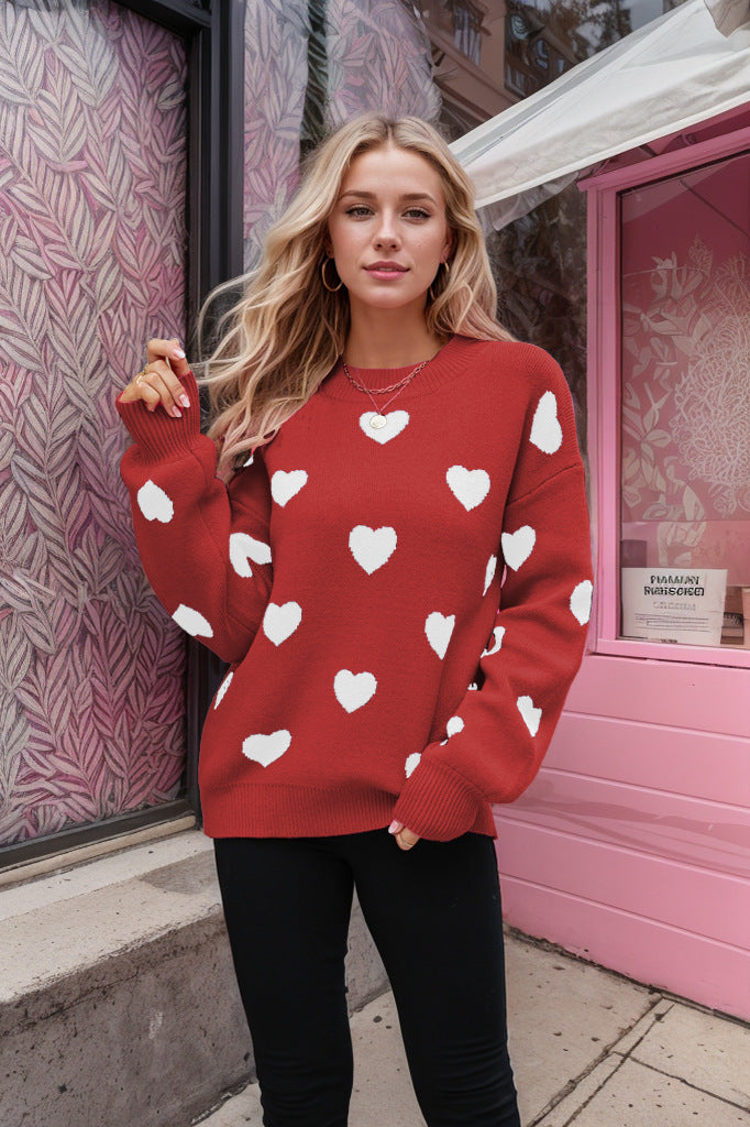 Wholesale Valentine's Day Love Heart Pullover Women's Knitted Sweater Women's Large Size Loose Sweater