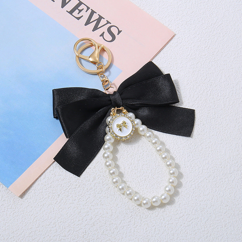 Wholesale New Large Pearl Bow Keychain Pendant Handmade Hair Accessories Ribbon Cloth Knot Accessories Headset Bag Decoration