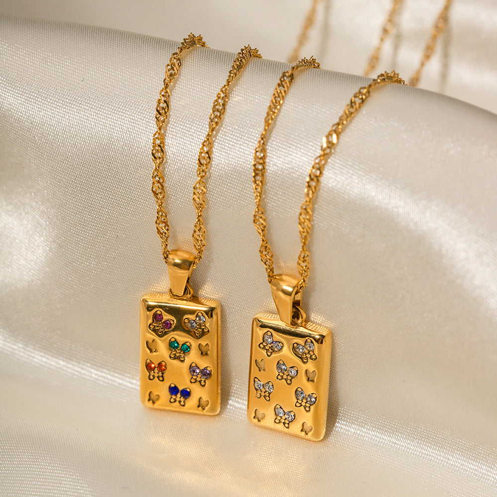 Wholesale Retro Square Butterfly White Diamond Stainless Steel Necklace