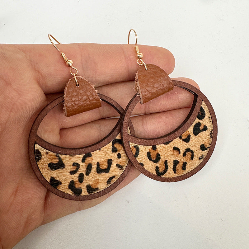 Wholesale Western Leather Circular Geometric Hollow Inlaid with Leopard Print Classic Exaggerated Earrings