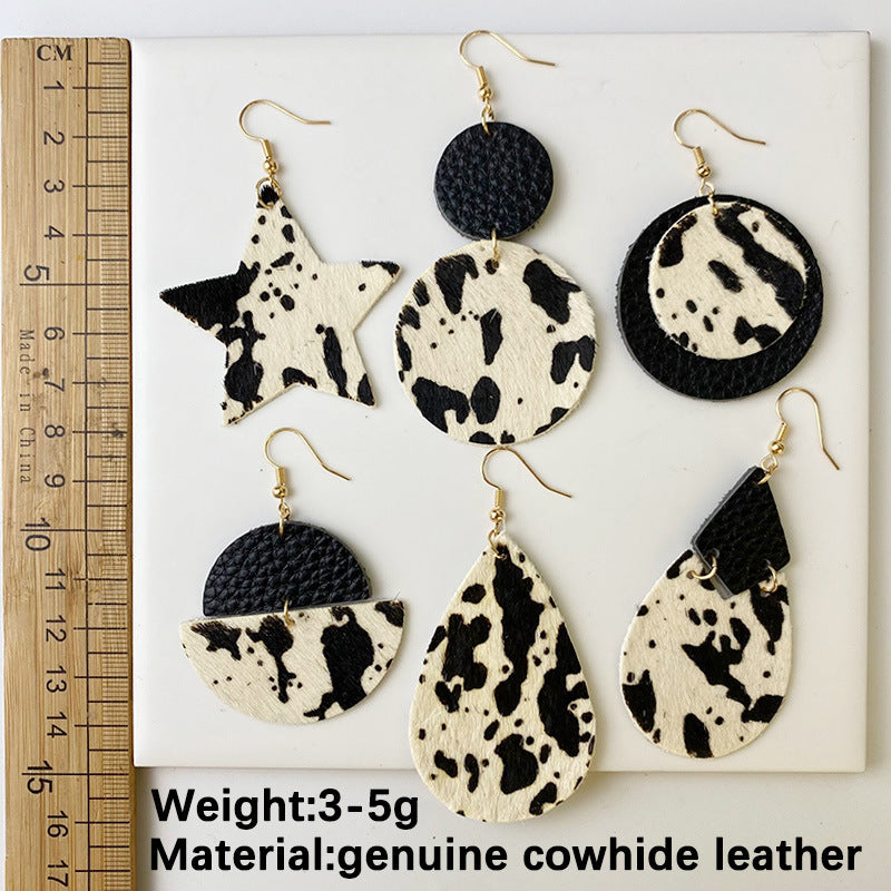 Wholesale 2pcs Cow Grain Leather Top Layer Cowhide Round Water Droplet Cow Head Retro Horsehair Quality Texture Fashionable Earrings
