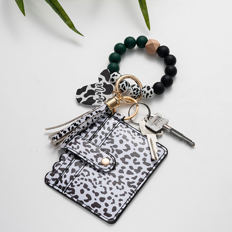 Wholesale Leopard Print Card Holder Silicone Beaded Wrist Keychain