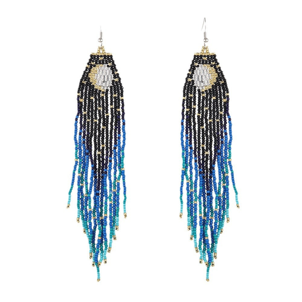 Wholesale Bohemian Handwoven Star Moon Series Rice Beads Tassel Earrings