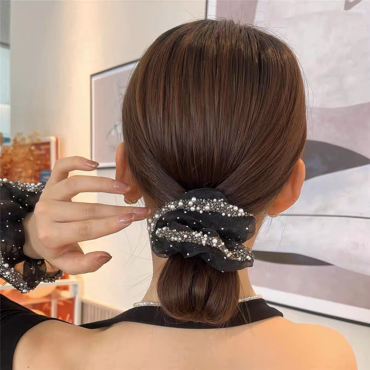Wholesale Pearl Rhinestone Mesh Hair Tie