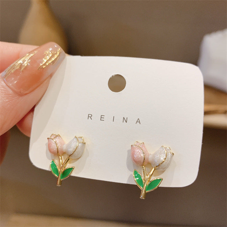 Wholesale S925 silver needle leaf rose small fresh flower earrings