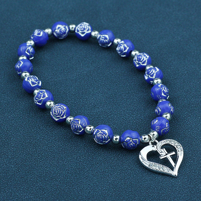 Wholesale Rose Beaded Heart Cross Couple Bracelet
