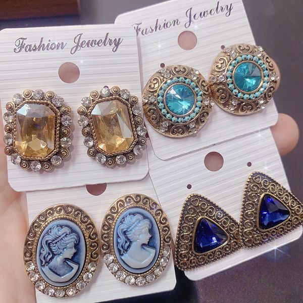 Wholesale Fashionable Vintage Exaggerated Real Gold Galvanized Gemstone Earrings