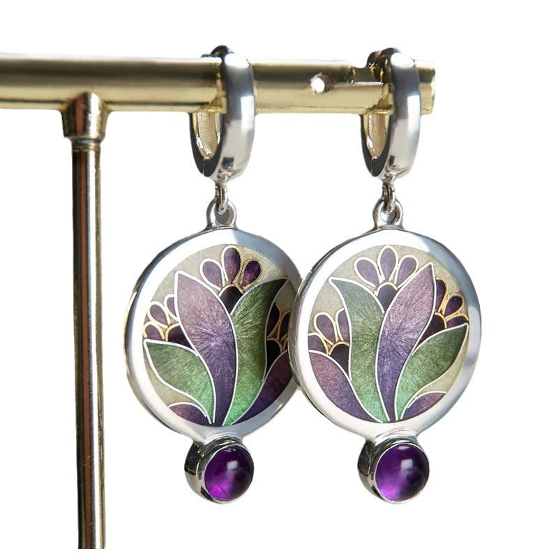 Wholesale Creative Flower Inlaid Purple Diamond Luxury Antique Silver Round Swing Earrings