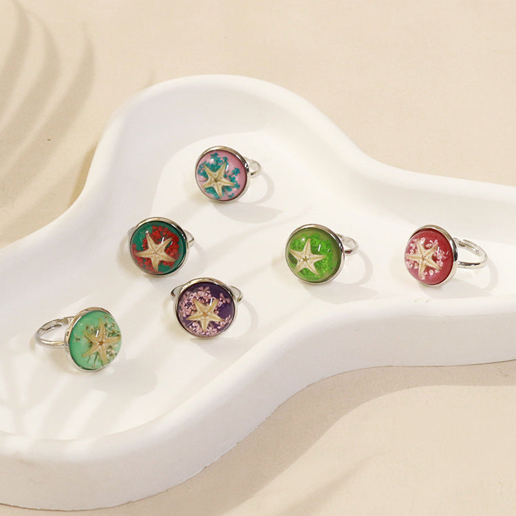 Wholesale 6pcs Starfish Amber Handmade Open Adjustable Ring