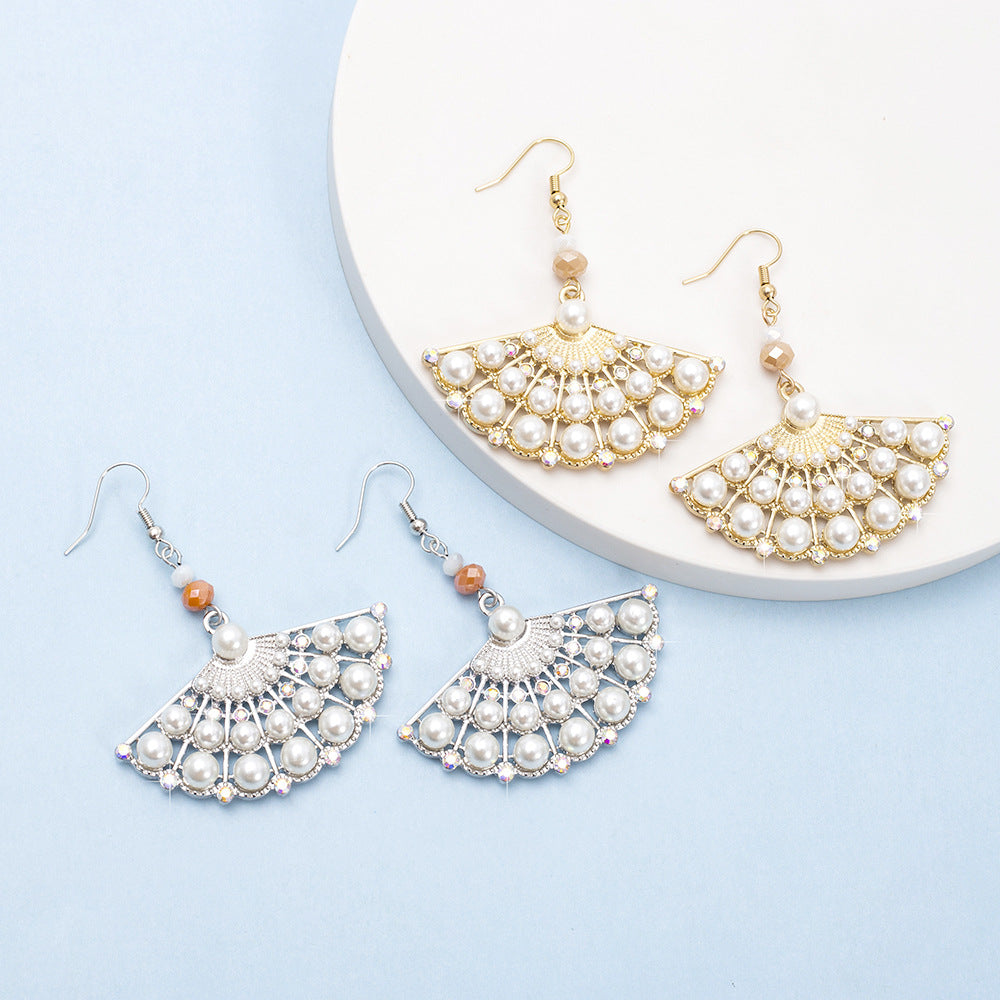 Wholesale Ethnic Style Hollow Zinc Alloy Diamond Imitation Pearl Fan Earrings