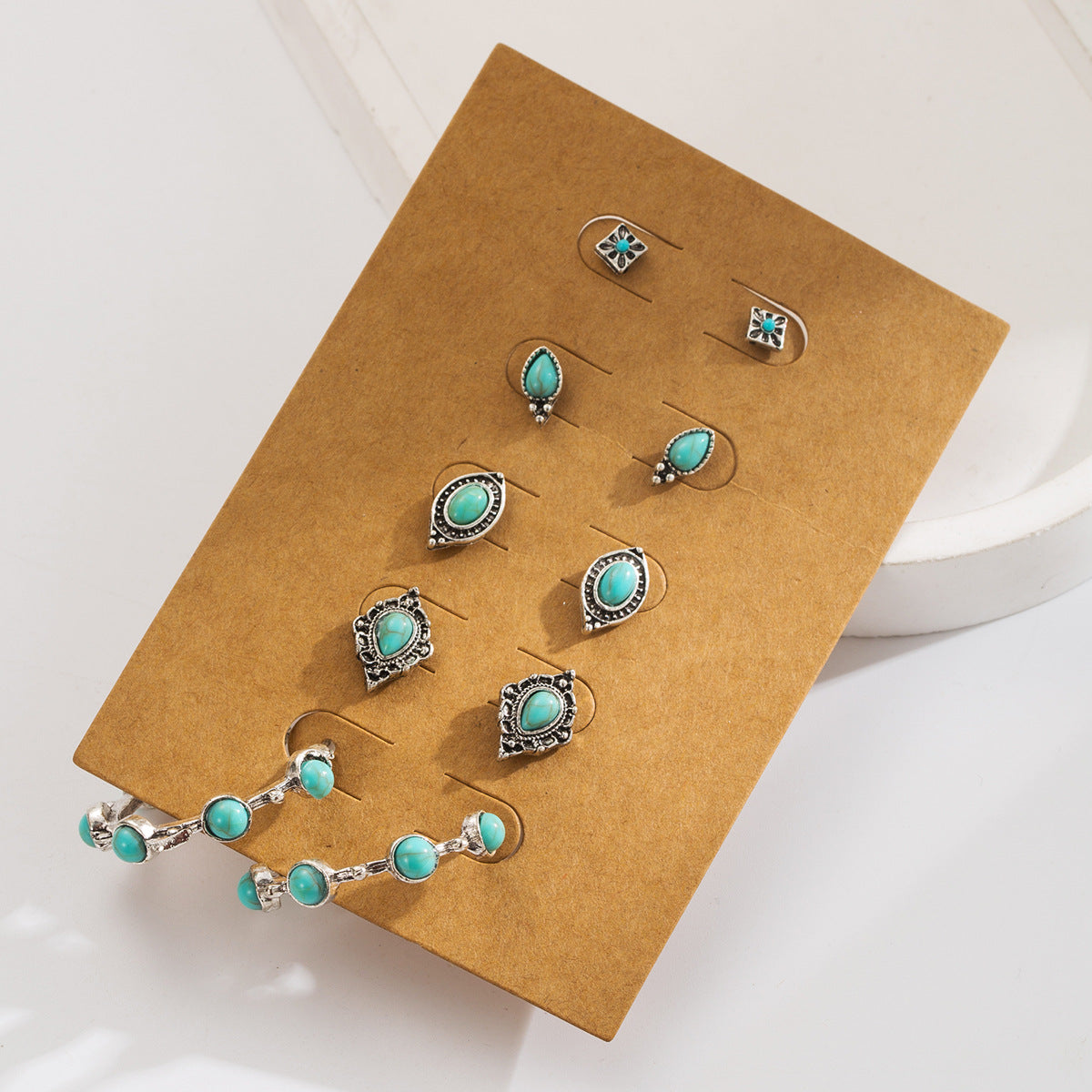 Wholesale vintage turquoise earrings set flower heart geometric earrings 5 pairs