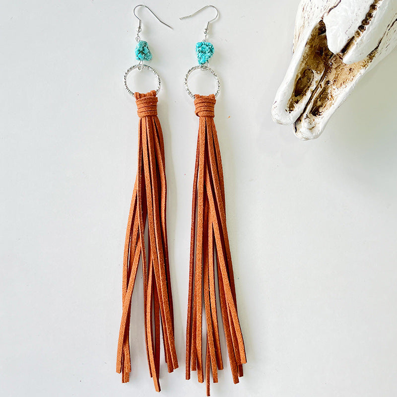Wholesale Exaggerated Leather Tassel Turquoise Multi-color Earrings 2 in A Pack