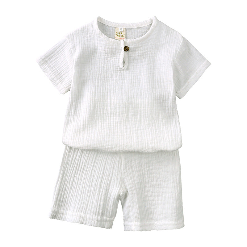 Wholesale Baby Cotton Linen Button Short Sleeve T-Shirt Shorts Thin Two-piece Set