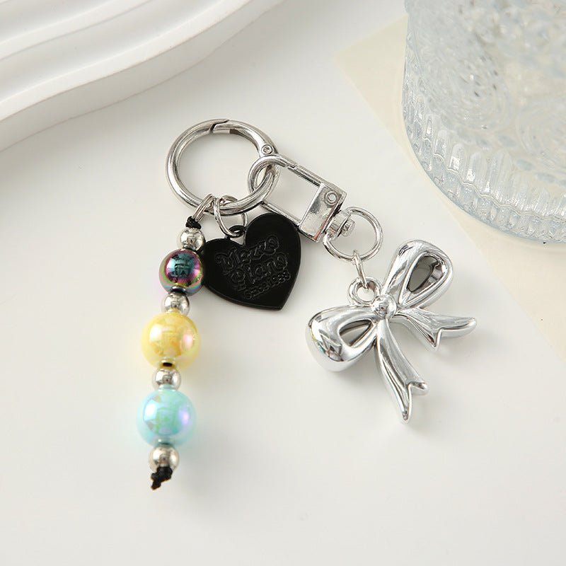 Wholesale Colored bead heart shaped bow metal keychain
