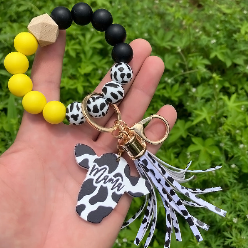 Wholesale Western Style Leopard Print Silicone Bead Bracelet Keychain