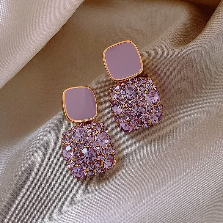 Wholesale Purple retro square full diamond drip oil earrings