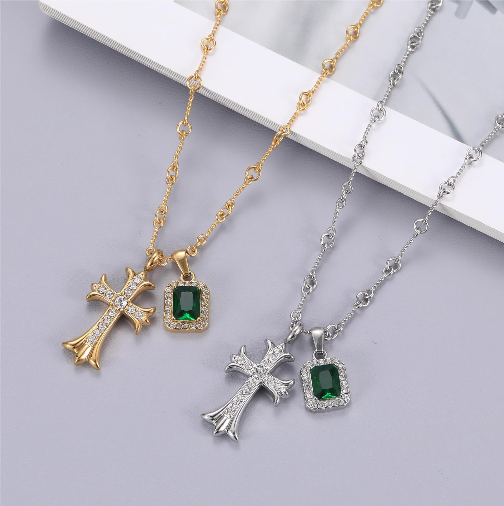 Wholesale Cross Gemstone Titanium Steel Necklace