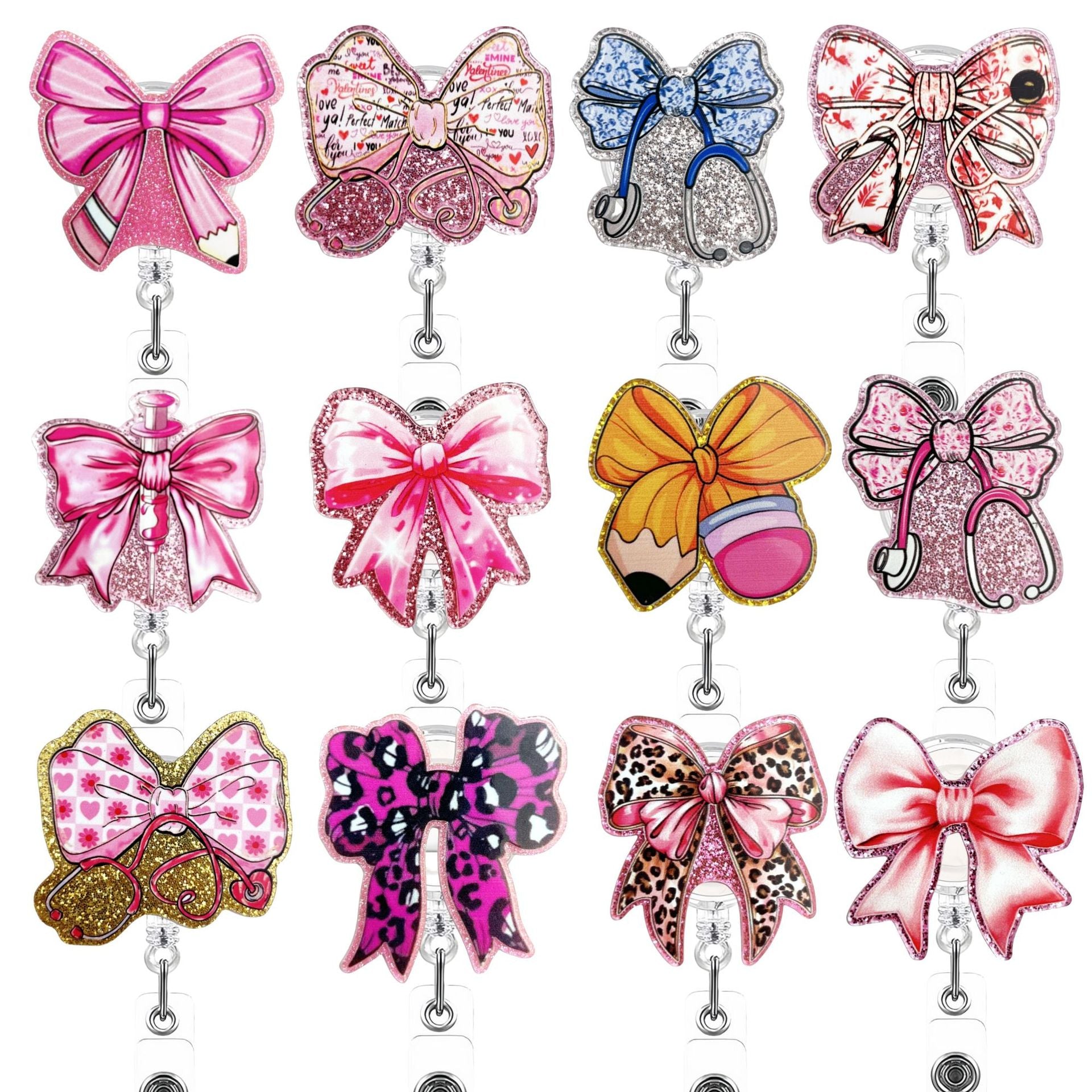Wholesale New Flash Point Acrylic Creative Bow Doctor Nurse Student ID Easy Pull Buckle Telescopic Badge Clip