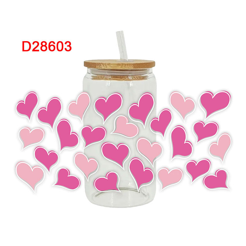 Wholesale Pink Cartoon Heart Valentine' s Day 16oz Cup UV DTF Wraps