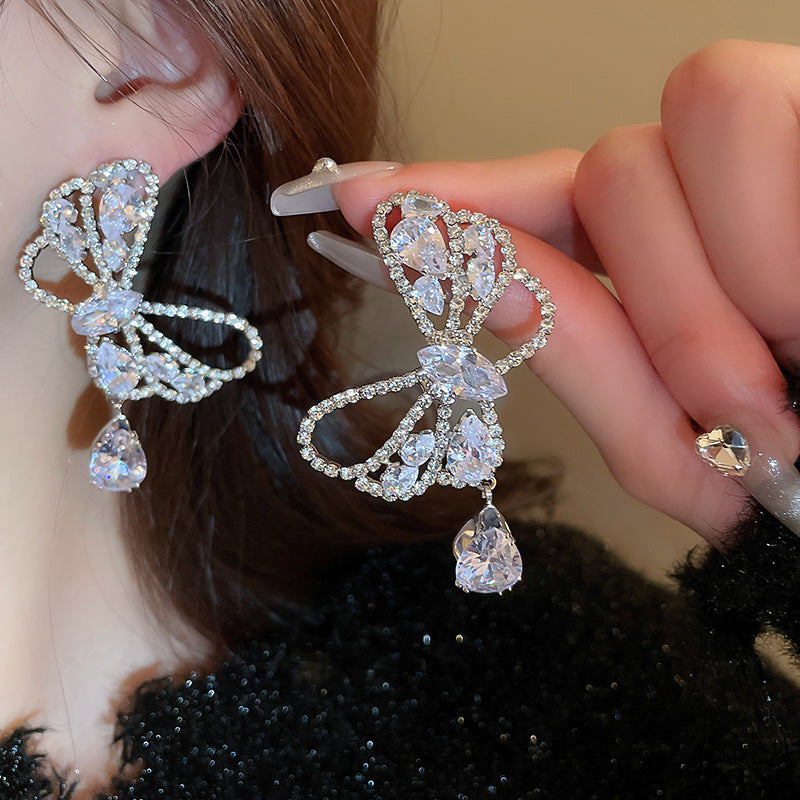 Wholesale Zircon Hollow Bow Teardrop Earrings Necklace Set