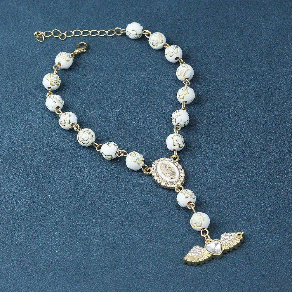 Wholesale Flower Bead Diamond Heart Angel Wings Prayer Bead Bracelet