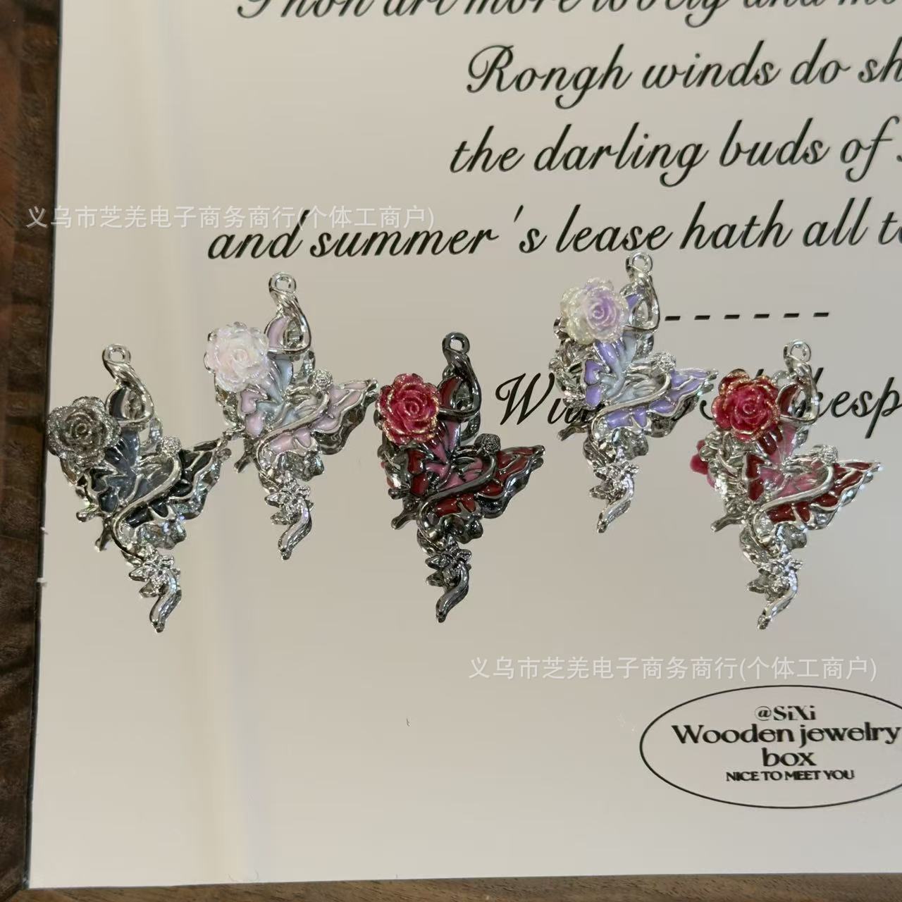 Wholesale 10pcs zircon butterfly gold pink rose relief hanging hole Pendant