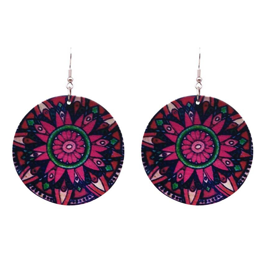 Wholesale African Head Print Colorful Round Wooden Earrings