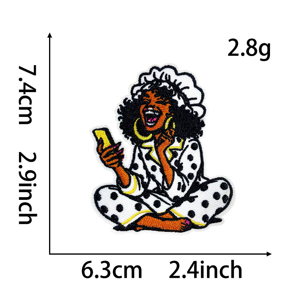 Wholesale Funny Black Girl Pajama Embroidered Patch Sequin Iron On Adhesive Back For Coat Decoration