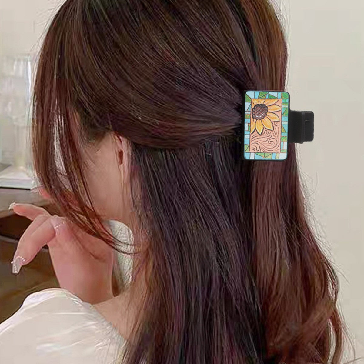 Wholesale Retro Western Faux Leather Hair Claw Clip Set Sunflower Cactus Playing Cards Design Women S Hair Accessory Party Gift