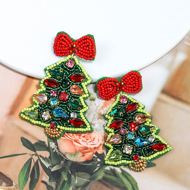 Wholesale Christmas Tree Inlaid Diamond Handmade Rice Beads Christmas Earrings