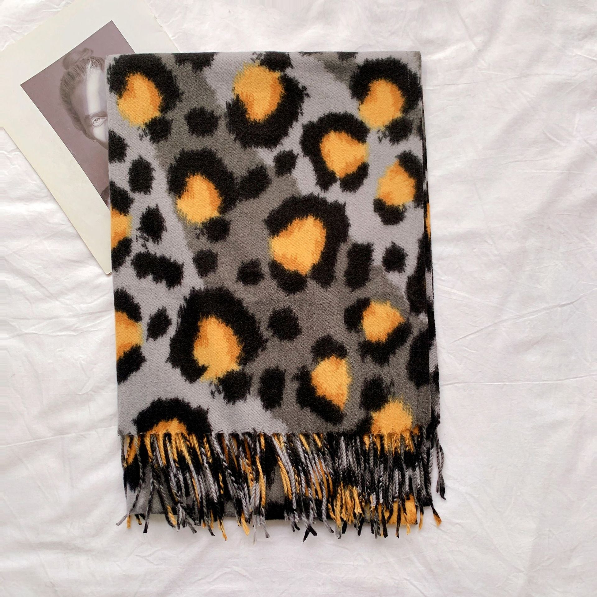 Wholesale Autumn and Winter Tassel Bright Color Splicing Leopard Print Imitation Cashmere Scarf