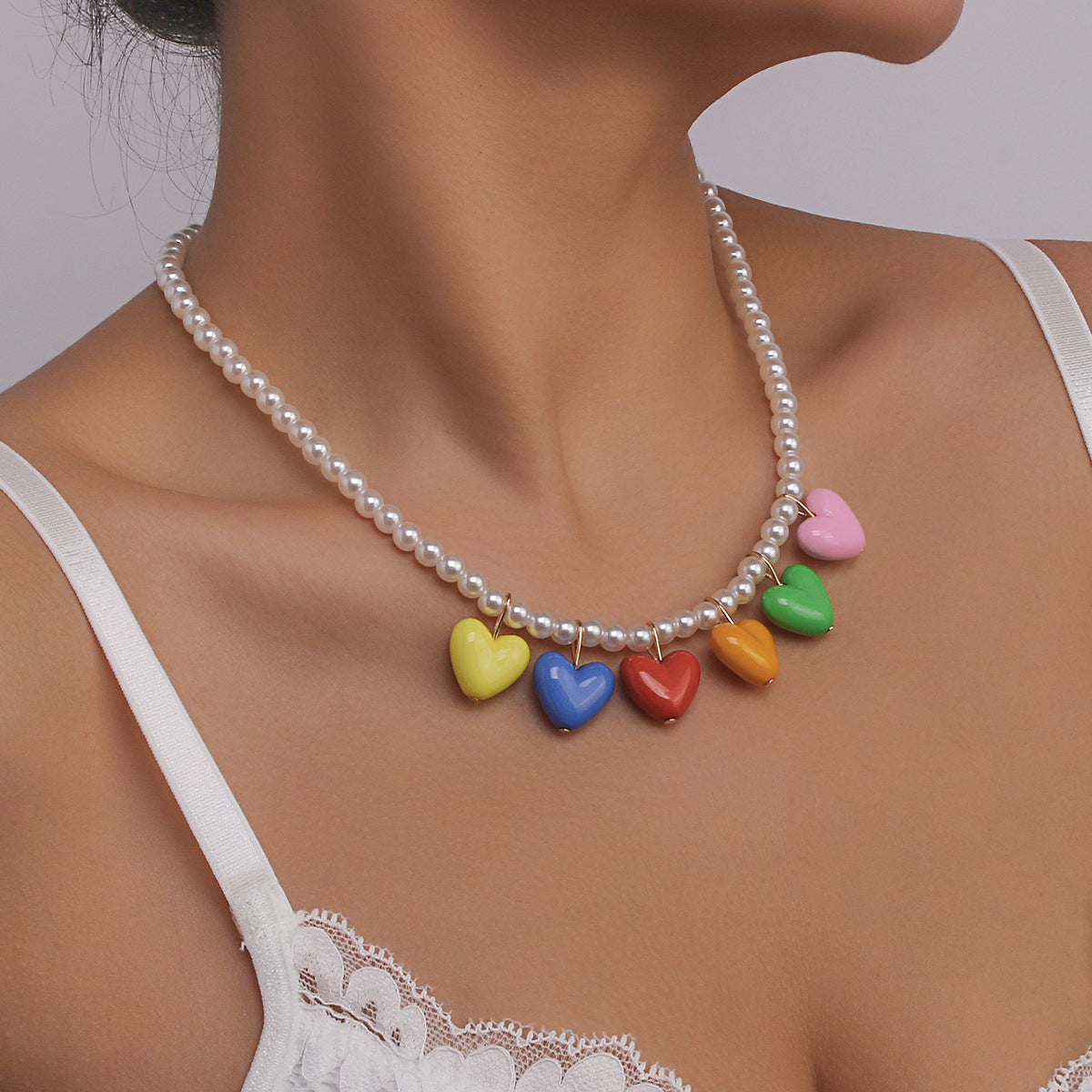 Wholesale Rainbow Pearl Resin Love Sweet Cool Necklace