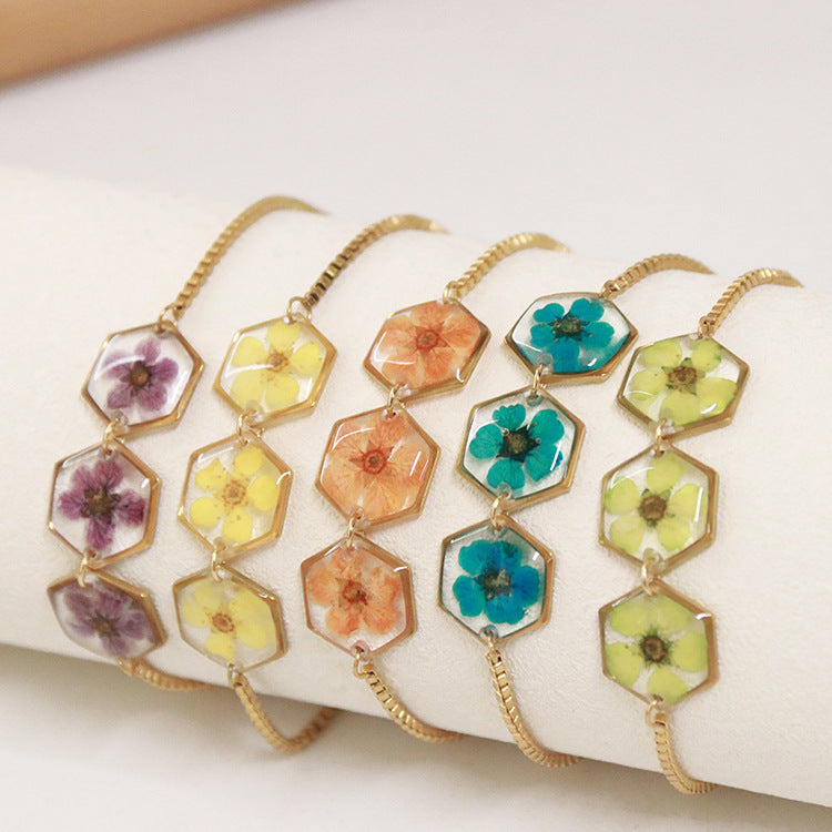 Wholesale 6pcs Real Flower Pearl Bush Hexagonal Everlasting Flower Bracelet