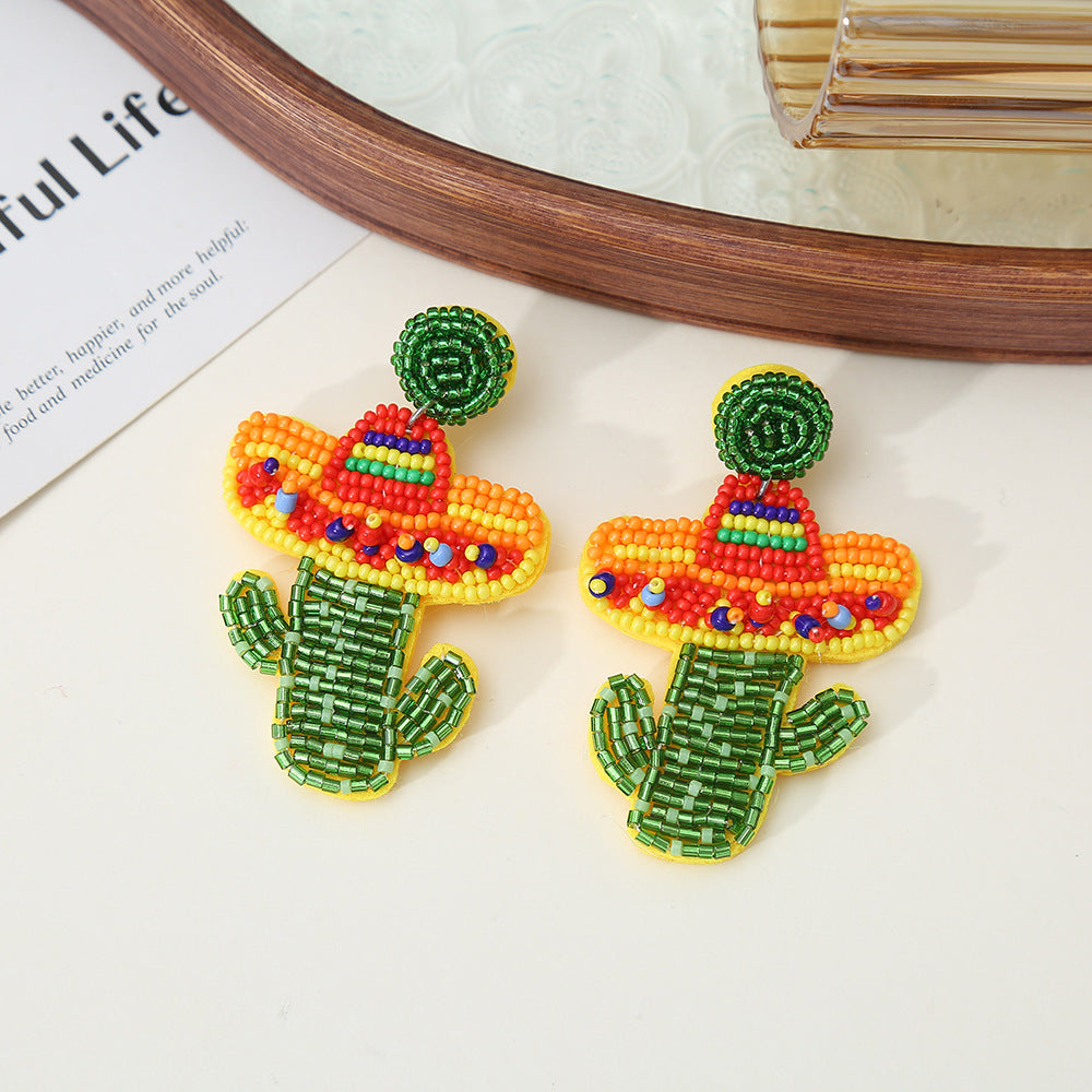 Wholesale rice bead cactus earrings plant series hand-woven creative rice earrings