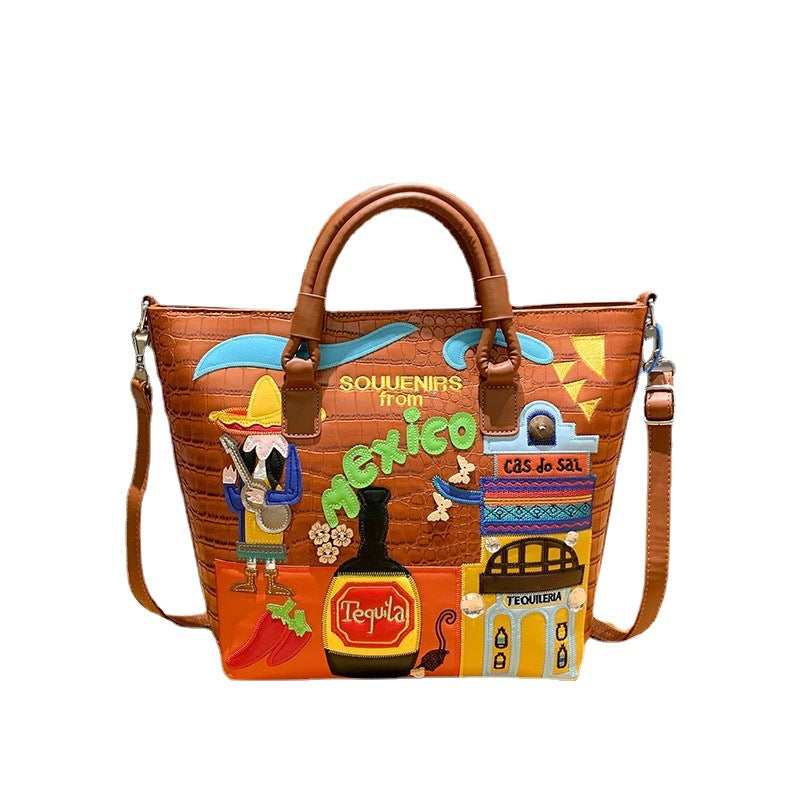 Bordado de tema mexicano de PU al por mayor Bordado de gran capacidad Bolso de hombro casual