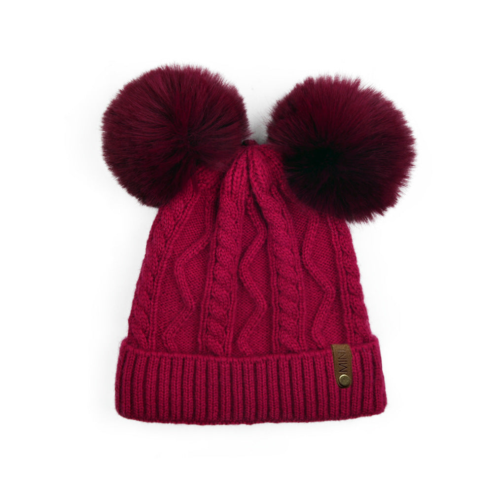 Wholesale Autumn and Winter Fleece Leather Label MINI Double Wool Ball Outdoor Warm Detachable Knitted Hat