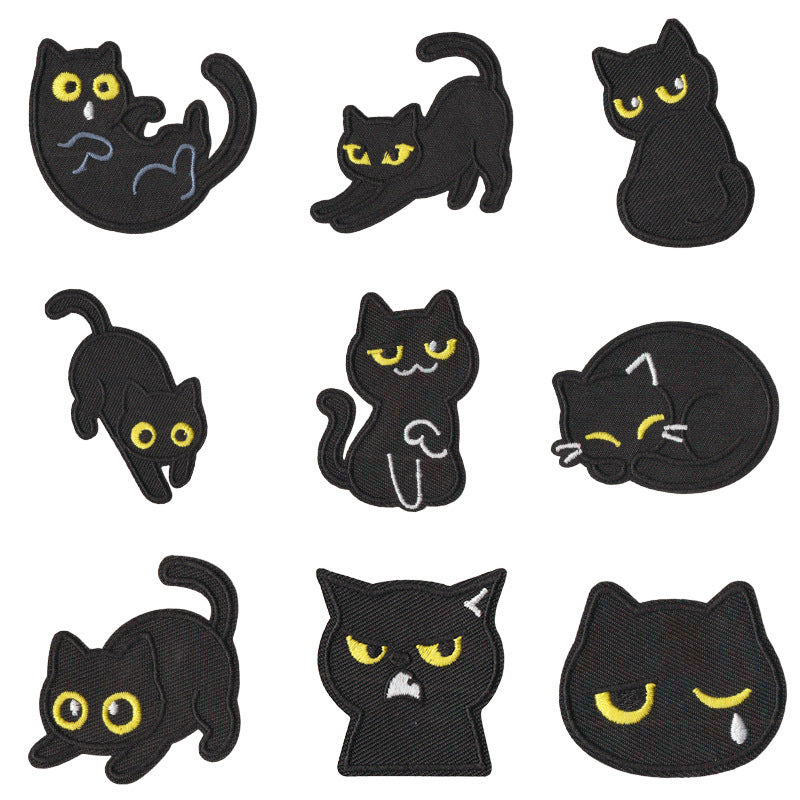 Wholesale Chic Black Cat Embroidered Patches Iron On Funny Mood Cat Set Of 9 For Clothing Repair And et Decoration
