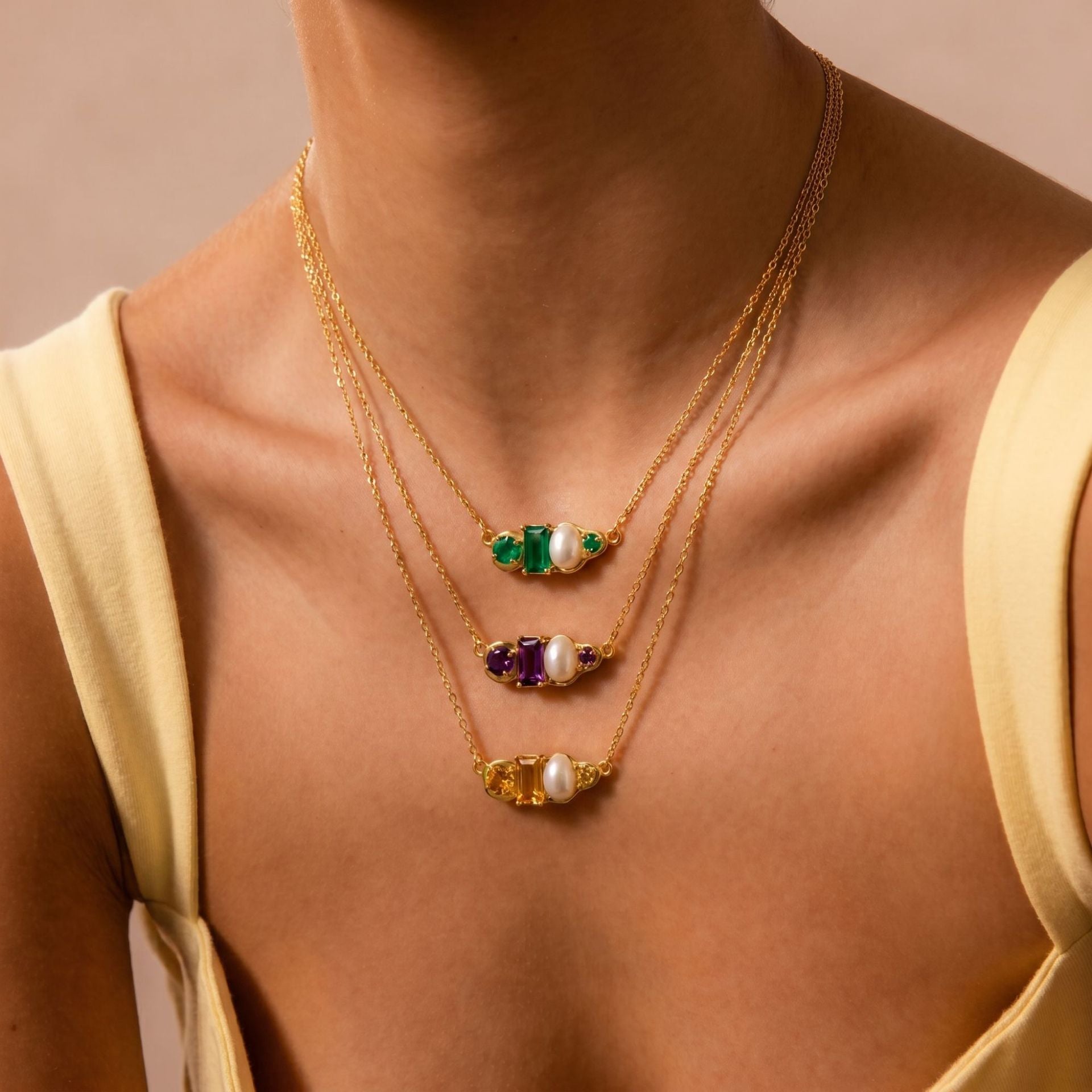 Wholesale Trendy Birthstone Pearl Necklace 18K Gold Plated Stainless Steel Geometric Pendant Fashion Jewelry Gift