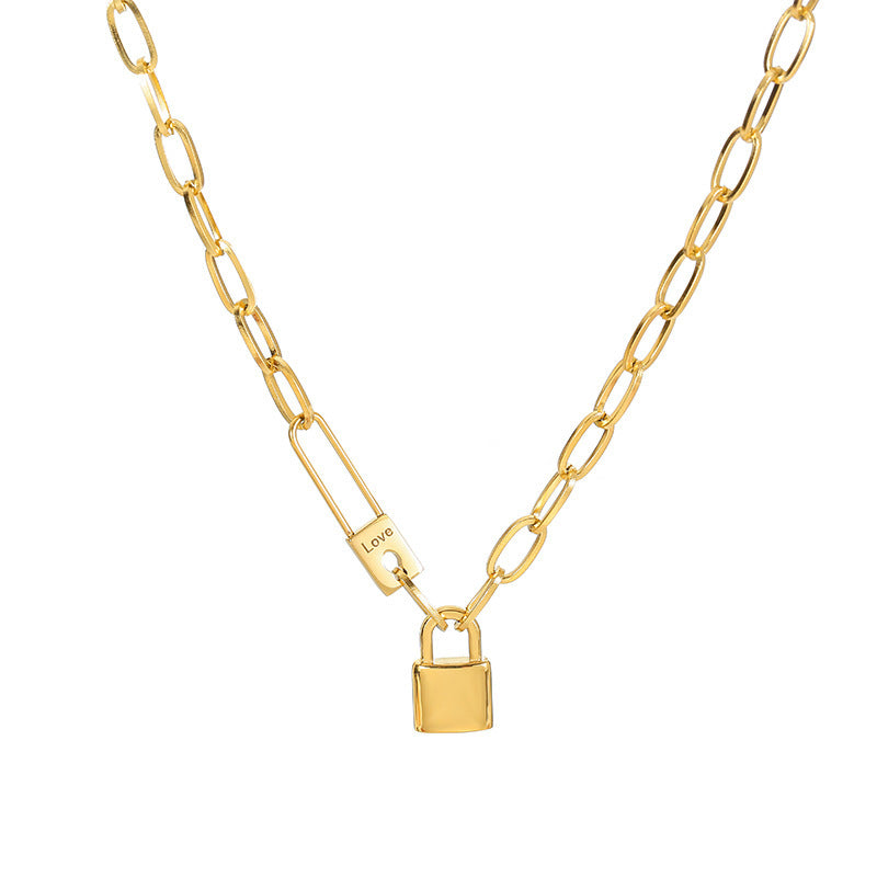 Wholesale Street Retro Hip-Hop Paperclip Necklace Gold Cold Style Lock Pendant