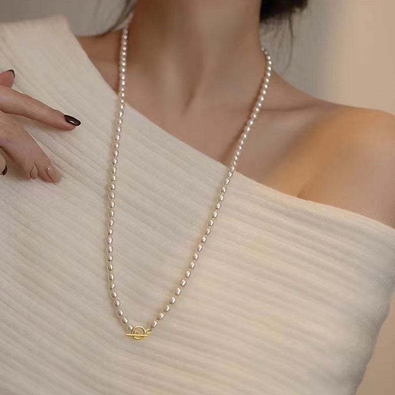 Wholesale Baroque Rice Pearl Necklace Square Pendant Stacked Long Woolen Chain