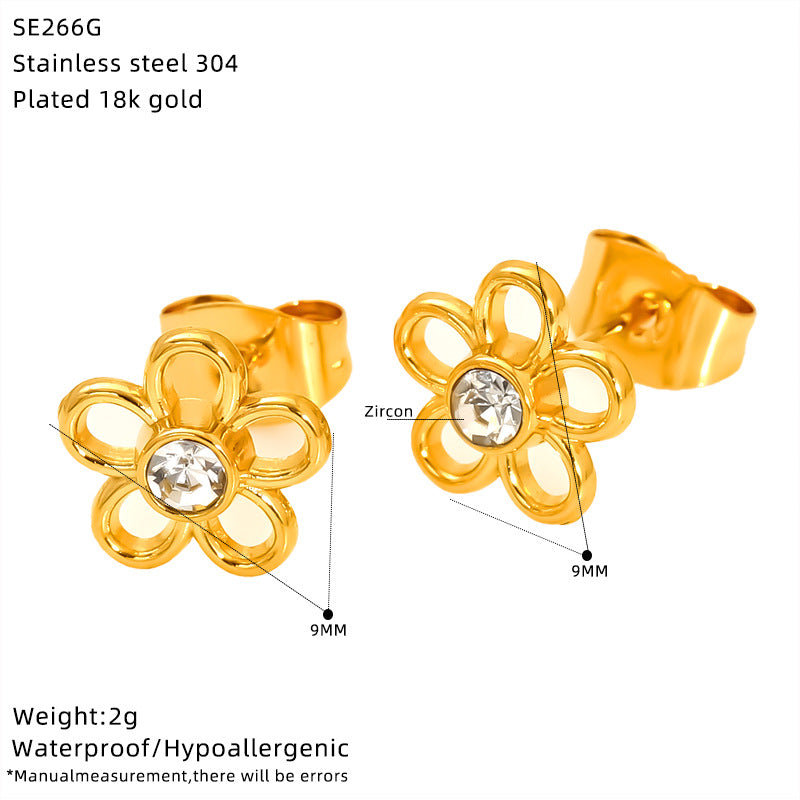 Wholesale Stainless Steel Heart Flower Hollow Zircon Bow Earrings