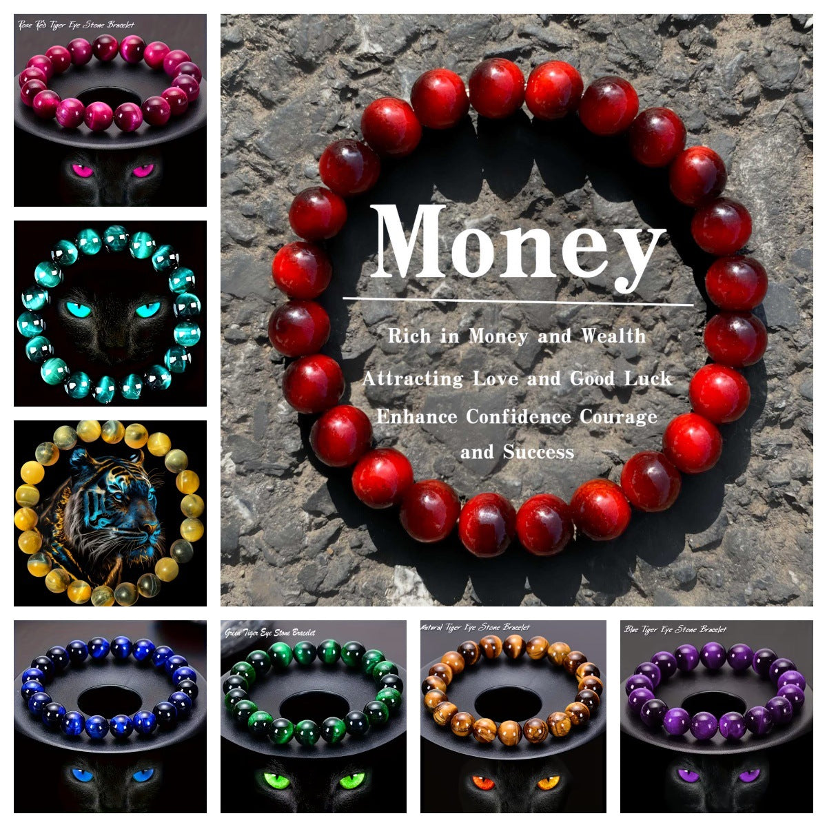 Wholesale Green Purple Sapphire Blue Red Rose Red Gold Lake Blue Yellow Tiger Eye Bracelet